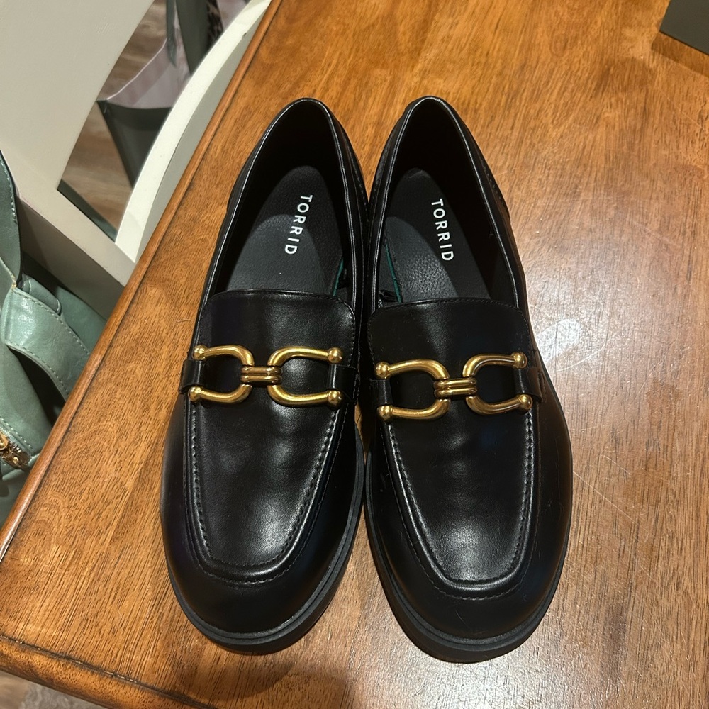 Torrid Black Loafers with Gold Chain Accent